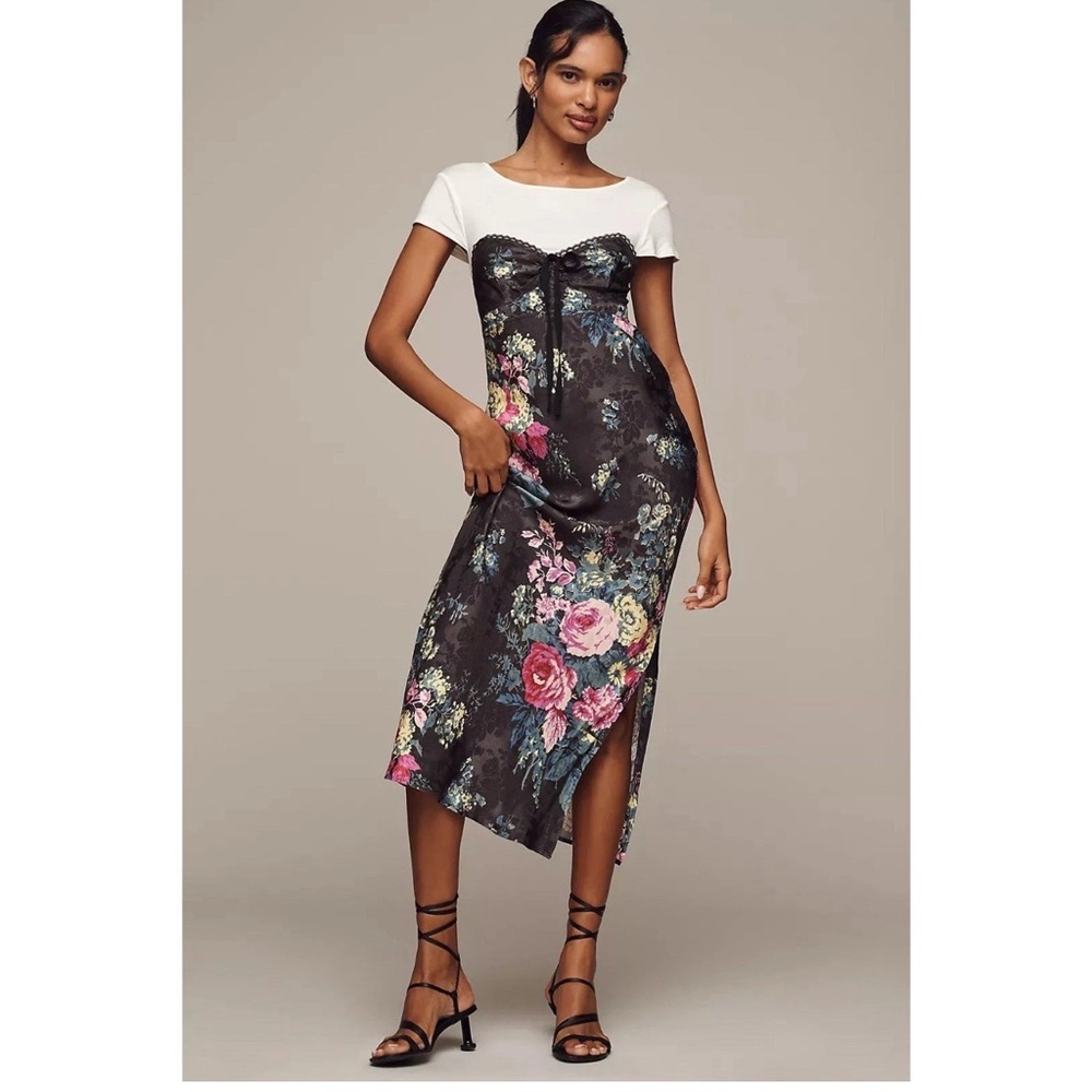 Anthropologie Black Floral Maxi Dress with White Tee Bodice NWT